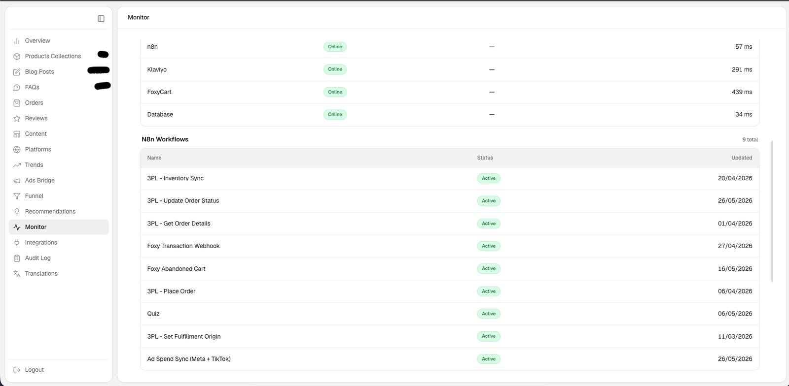 System monitor: n8n, Klaviyo, FoxyCart and database status with latencies, and nine active n8n workflows covering 3PL inventory sync, order status, place order, abandoned cart and ad spend sync.